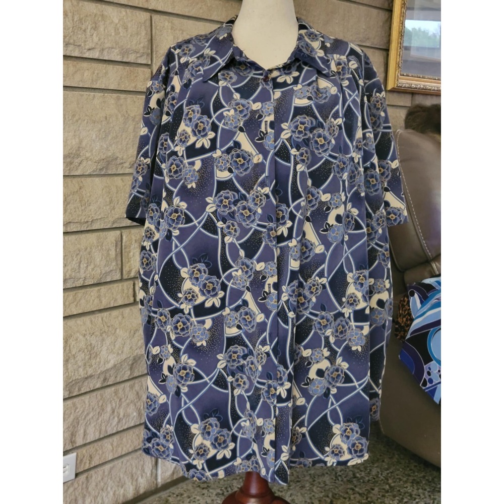 Maggie Barnes Women's Size 32W Blue Floral Print Short‎ Sleeve Button Down Shirt
